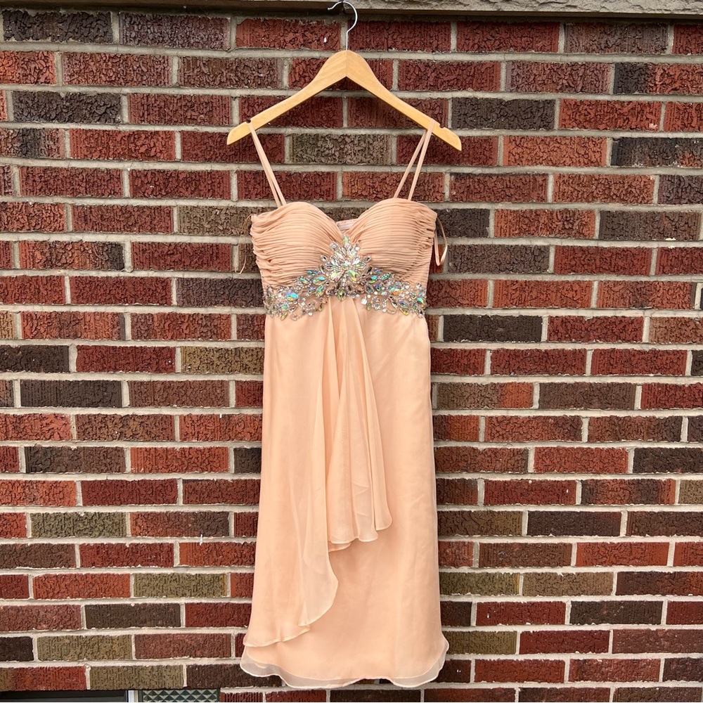 Temptation Peach Pink Rhinestone Sweetheart Cut Spaghetti Strap Mini Dress